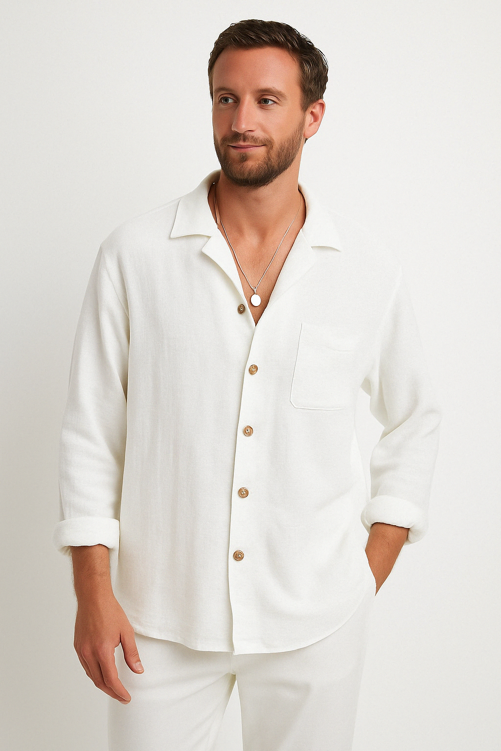 Men's cotton linen blend relaxed fit long sleeve button shirt with Nordic flair textured natural drape