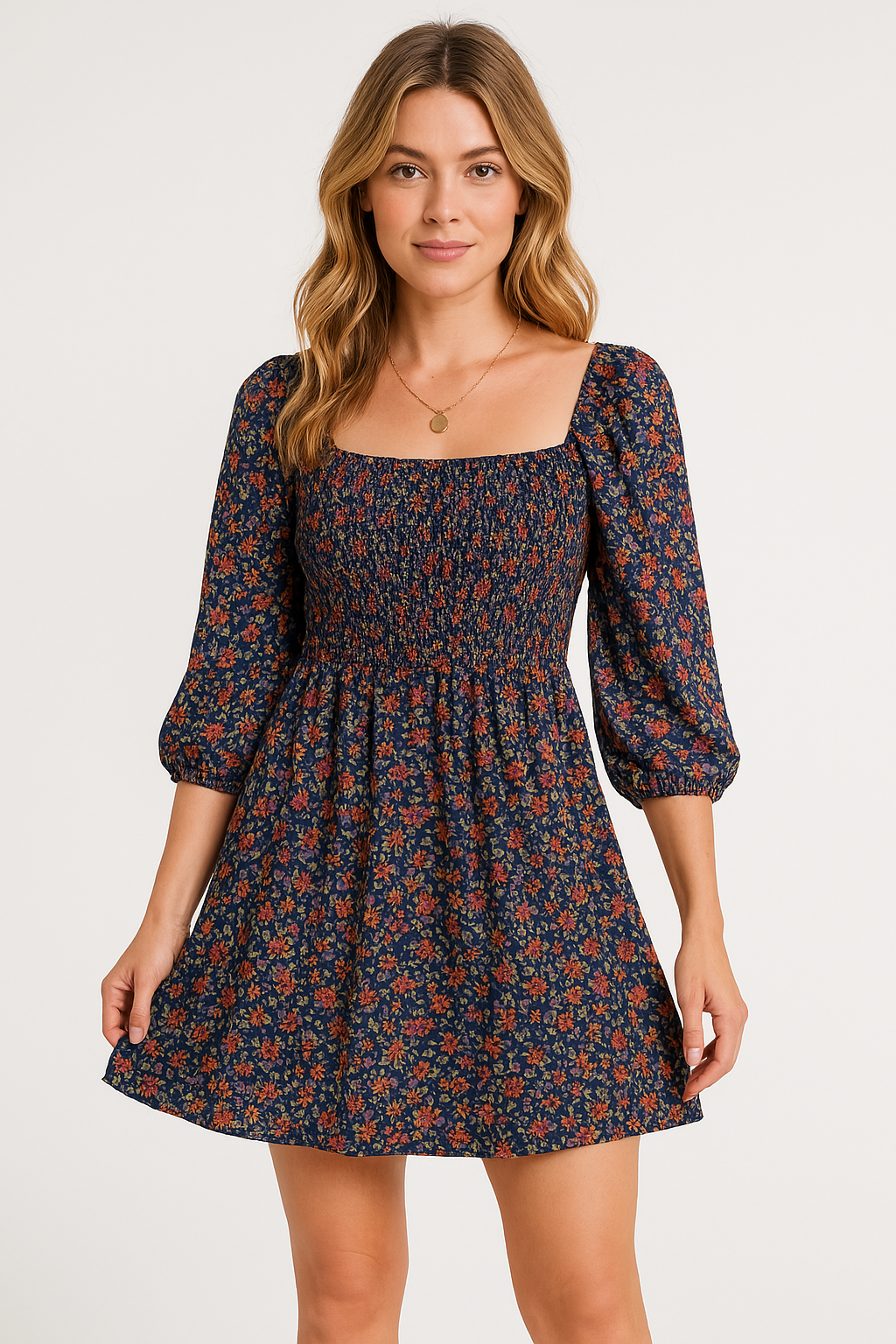 Women's A-line cotton dress with shirred bodice, puff sleeves, U-neck, lightweight everyday style