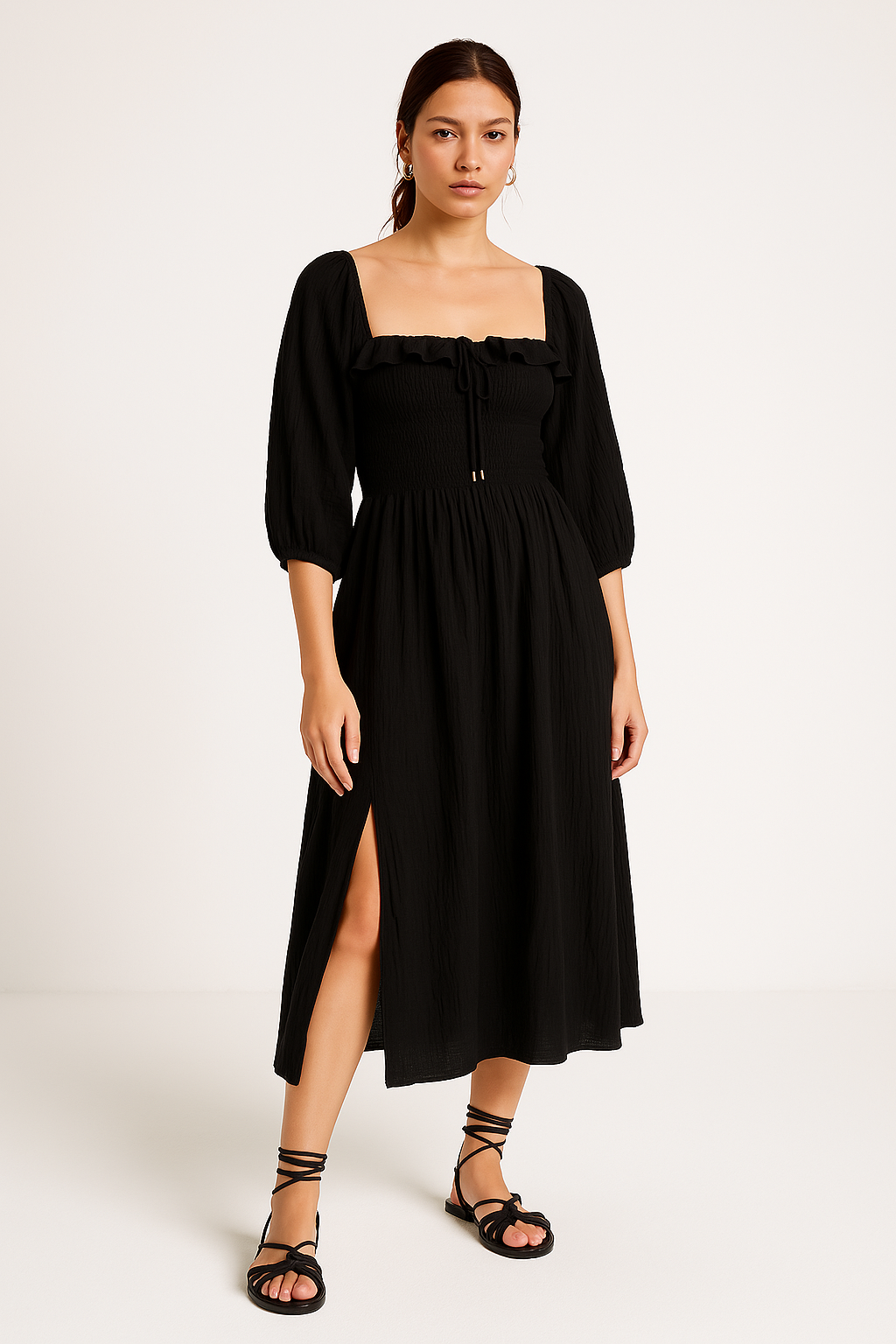 Women's midi dress cotton blend A-line silhouette V-neck ruffles long sleeves waist-smocked detail