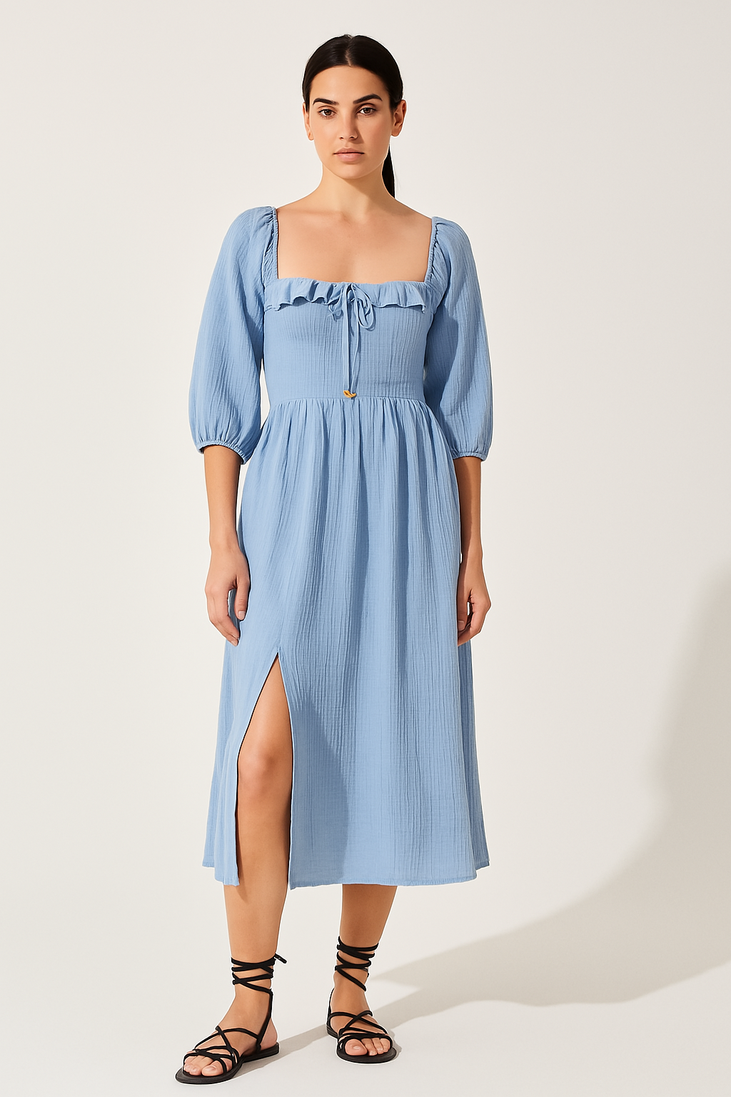 Women's A-line midi dress cotton blend V-neck ruffles long sleeves smocked waist effortless style