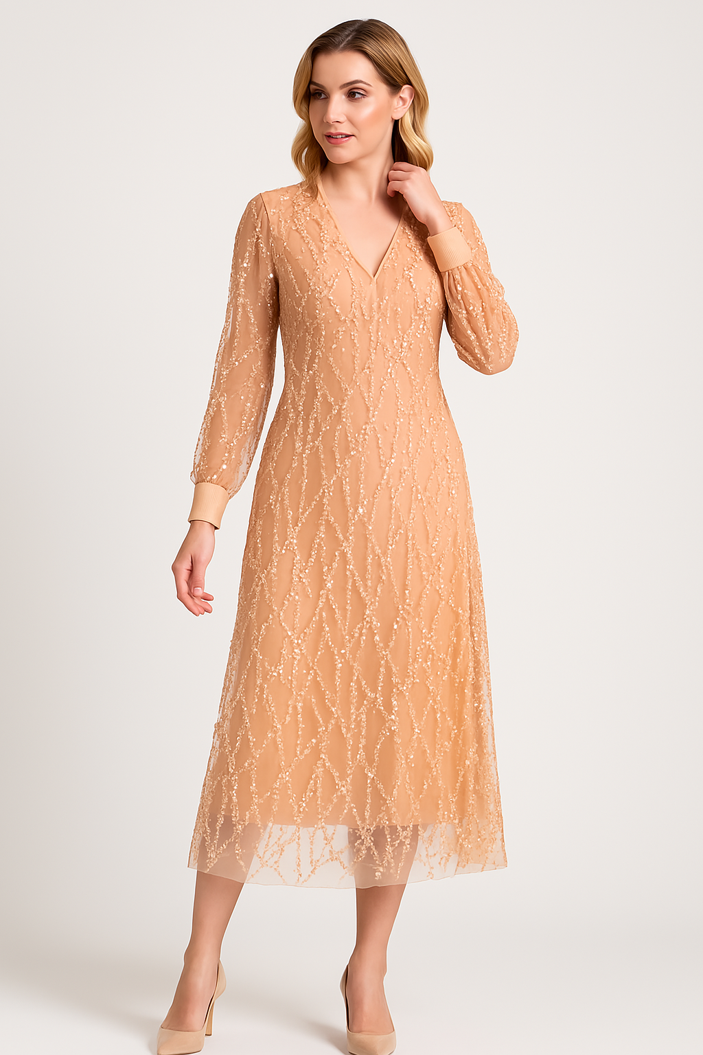 Elegant long sleeve sequin maxi dress V-neck A-line evening gown with shimmering all-over sparkle