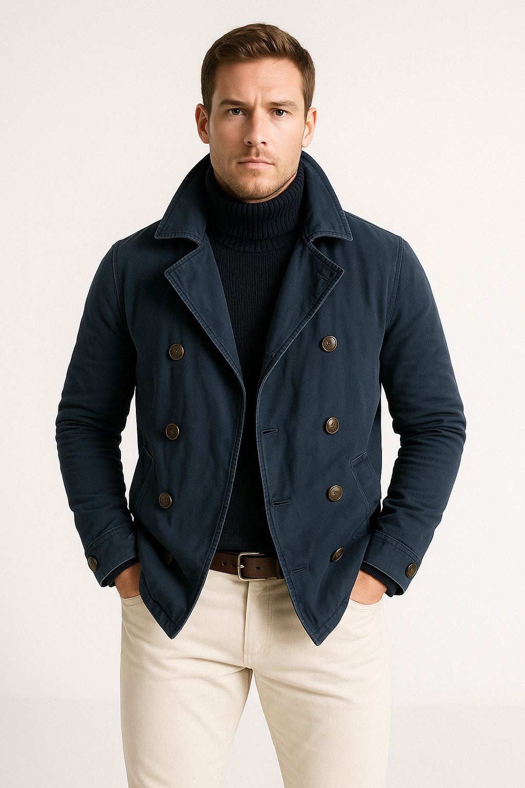 Men's slim fit double breasted high collar mid-length cotton jacket Nordic style
