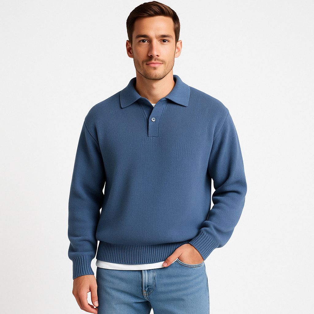 Men's wool polo sweater relaxed fit ribbed edges button closure cozy smart-casual knit