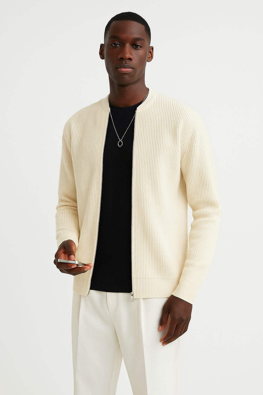 Men's lightweight zip-front cardigan with ribbed hem, clean-cut silhouette for versatile everyday layering