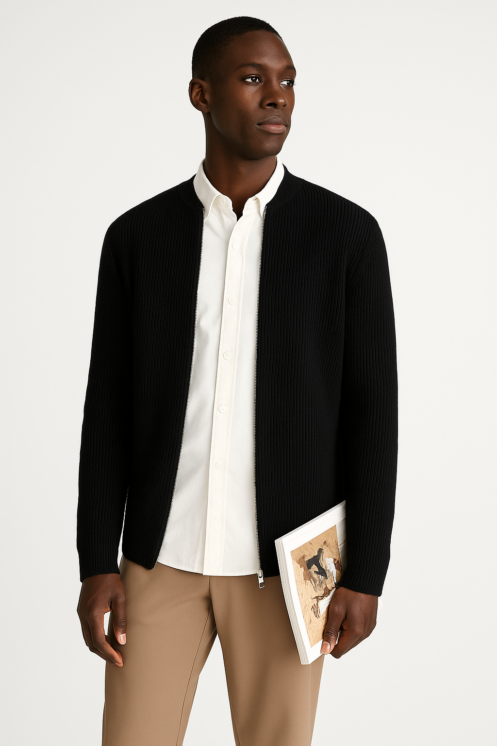 Men's lightweight zip-front cardigan with ribbed hem, clean-cut silhouette for versatile everyday layering