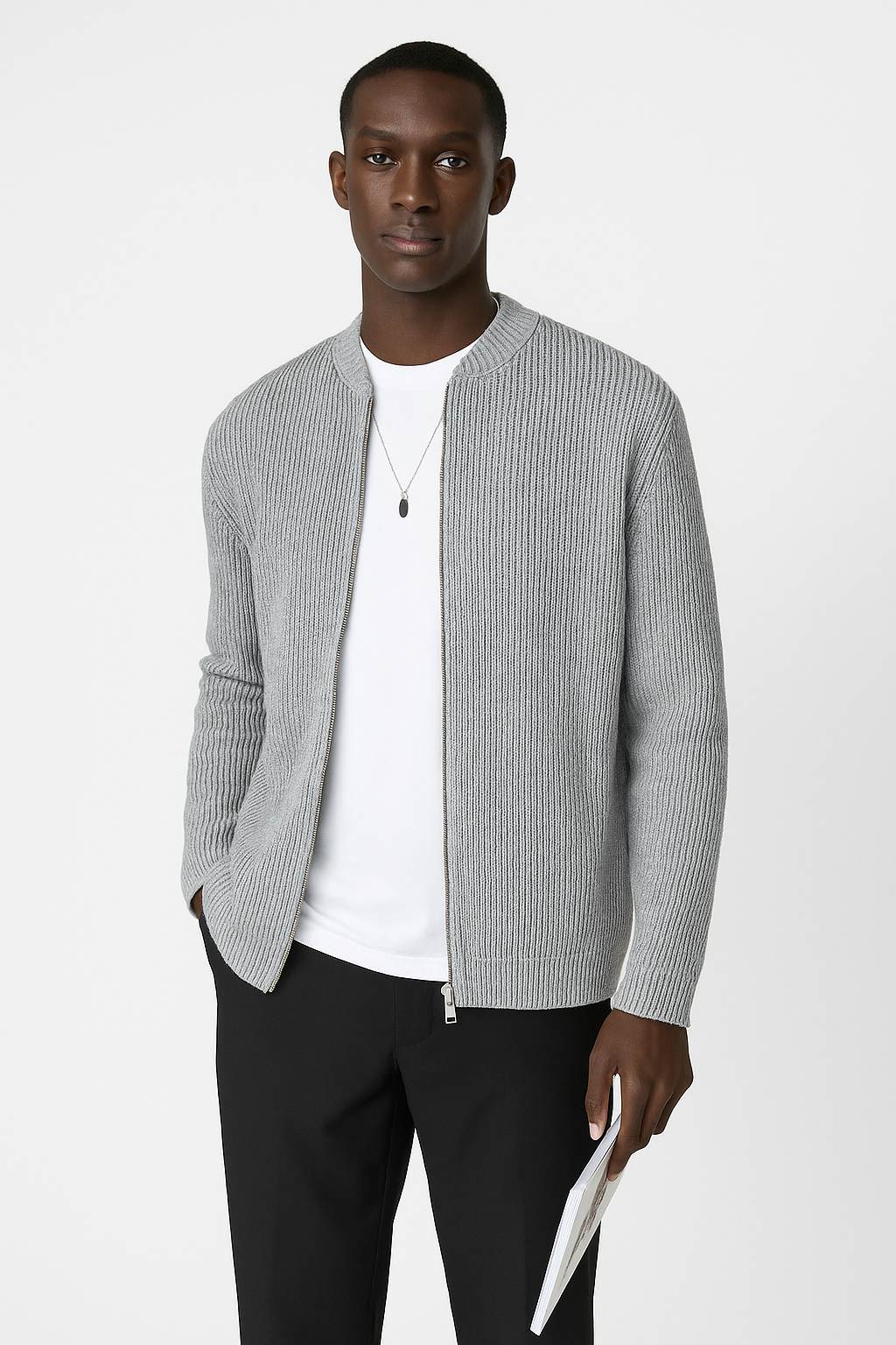 Men's lightweight zip-front cardigan with ribbed hem, clean-cut silhouette for versatile layering