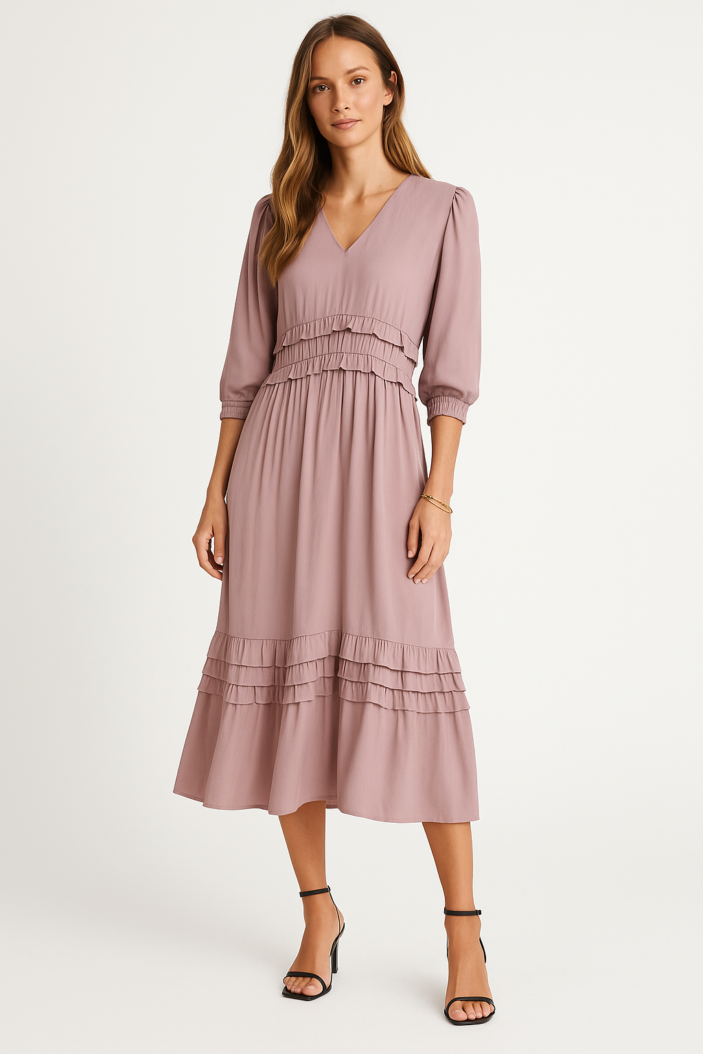 Women's relaxed fit midi dress, V-neck layered ruffles, long sleeves, cotton blend casual elegance