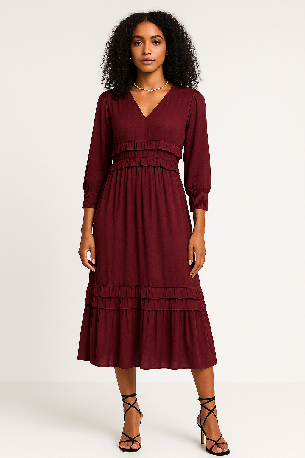Women's relaxed-fit midi dress, V-neck layered ruffles long sleeves, cotton blend everyday elegance