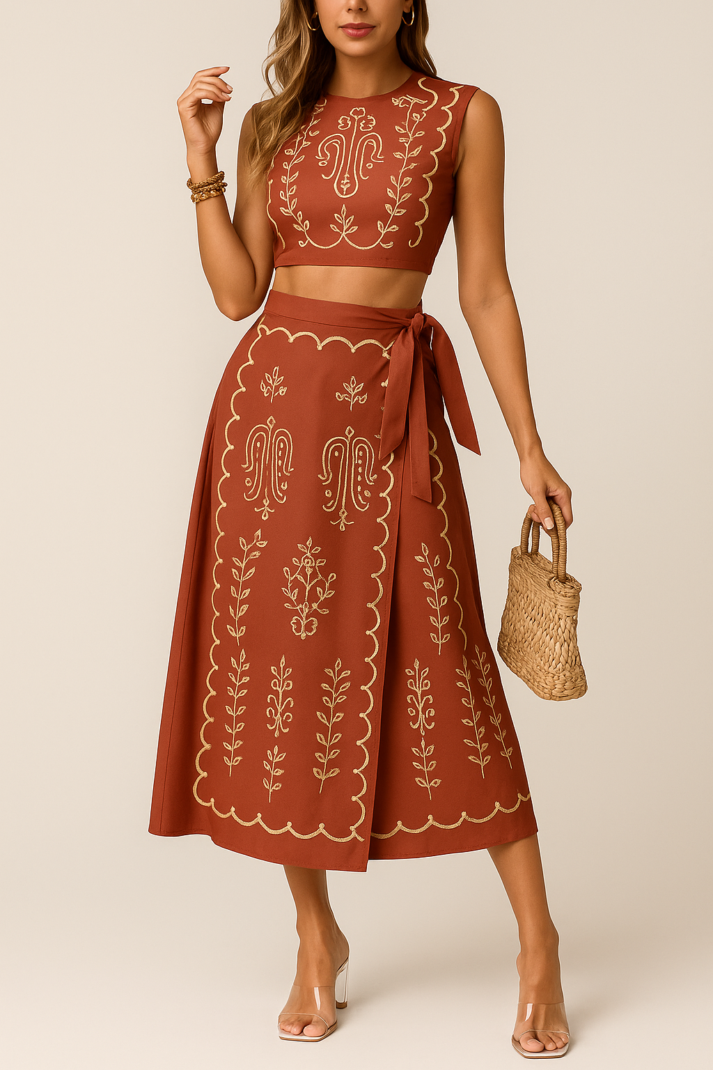 Women's wrap midi skirt A-line silhouette in neutral tone with adjustable waist tie