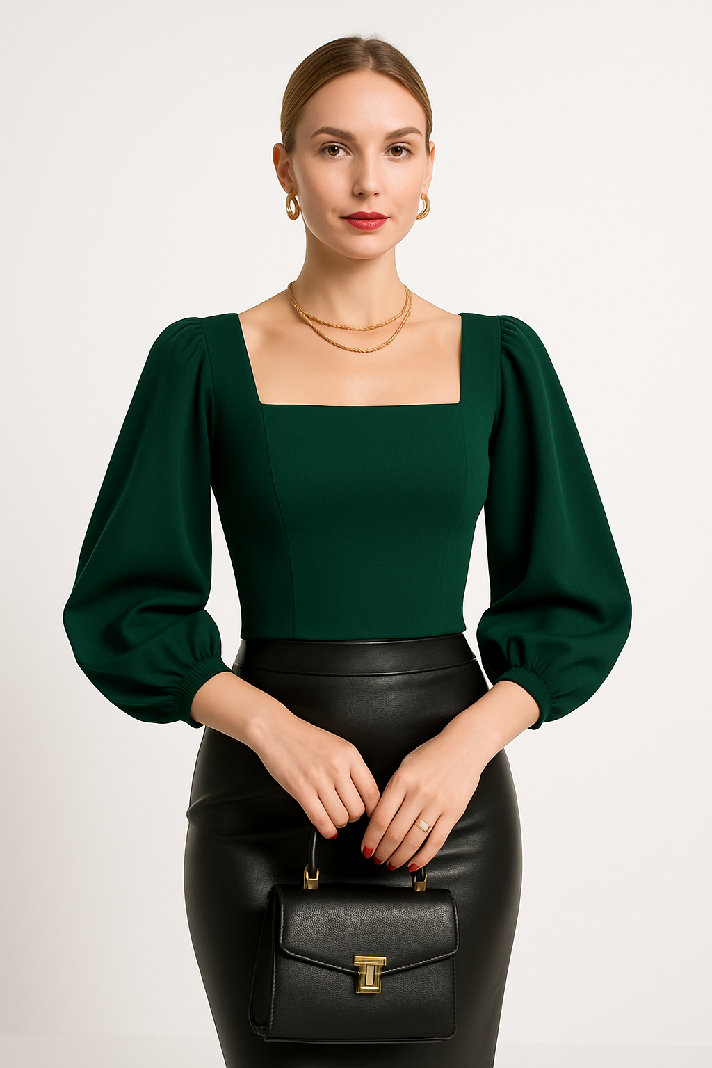Women's slim fit long sleeve top square neck puff sleeves stretch fabric versatile workwear blouse