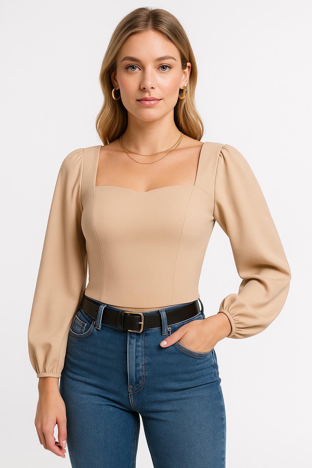 Women's slim fit long sleeve top square neck puff sleeves stretch fabric versatile workwear blouse