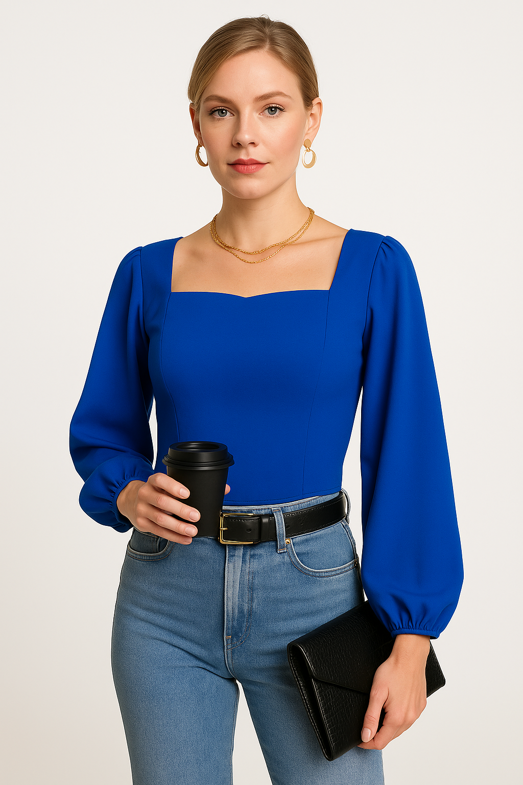 Women's slim fit long sleeve top square neck puff sleeves stretch fabric versatile workwear blouse