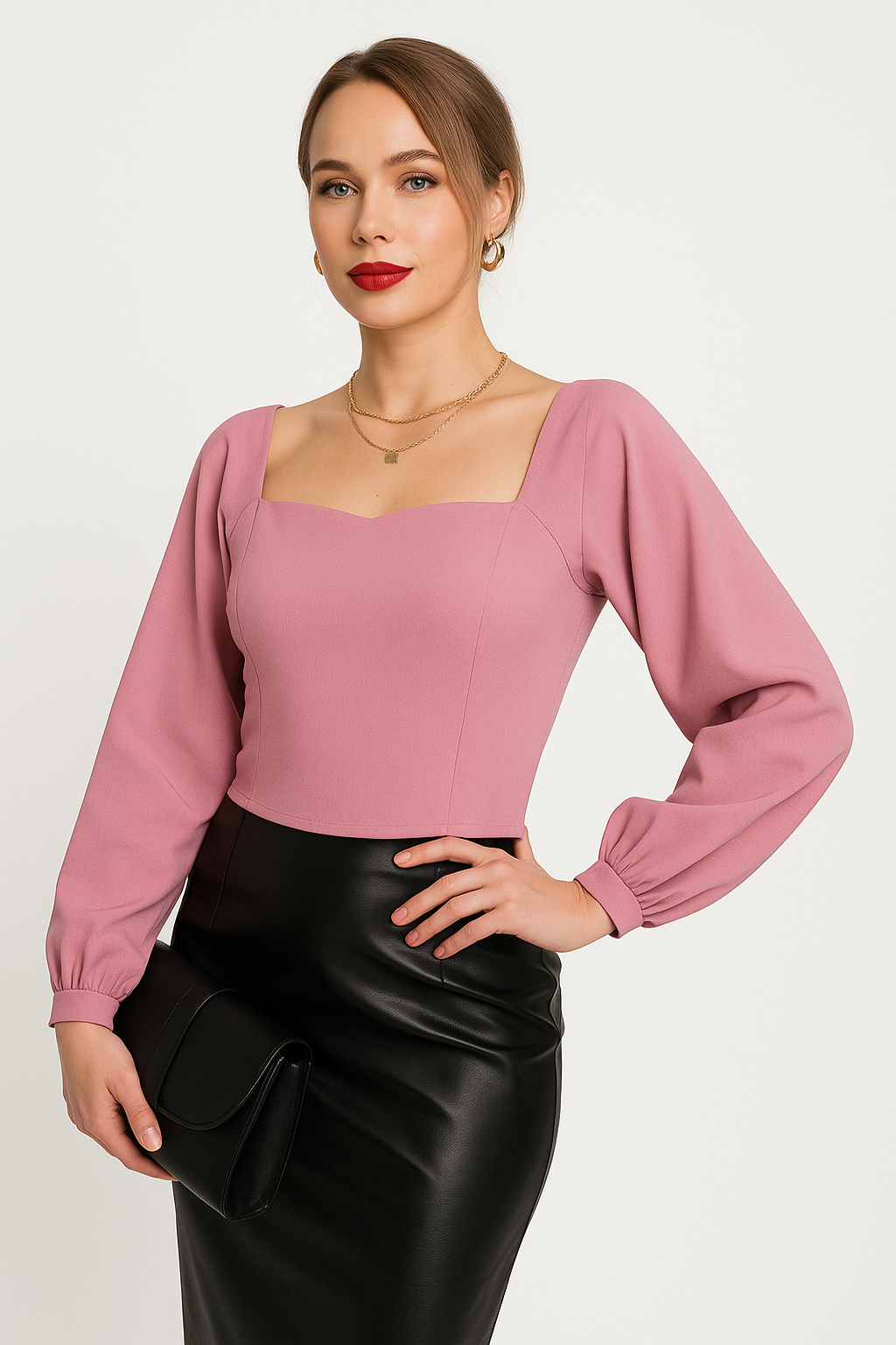 Women's slim fit long sleeve top square neckline puff sleeves stretch fabric workwear blouse