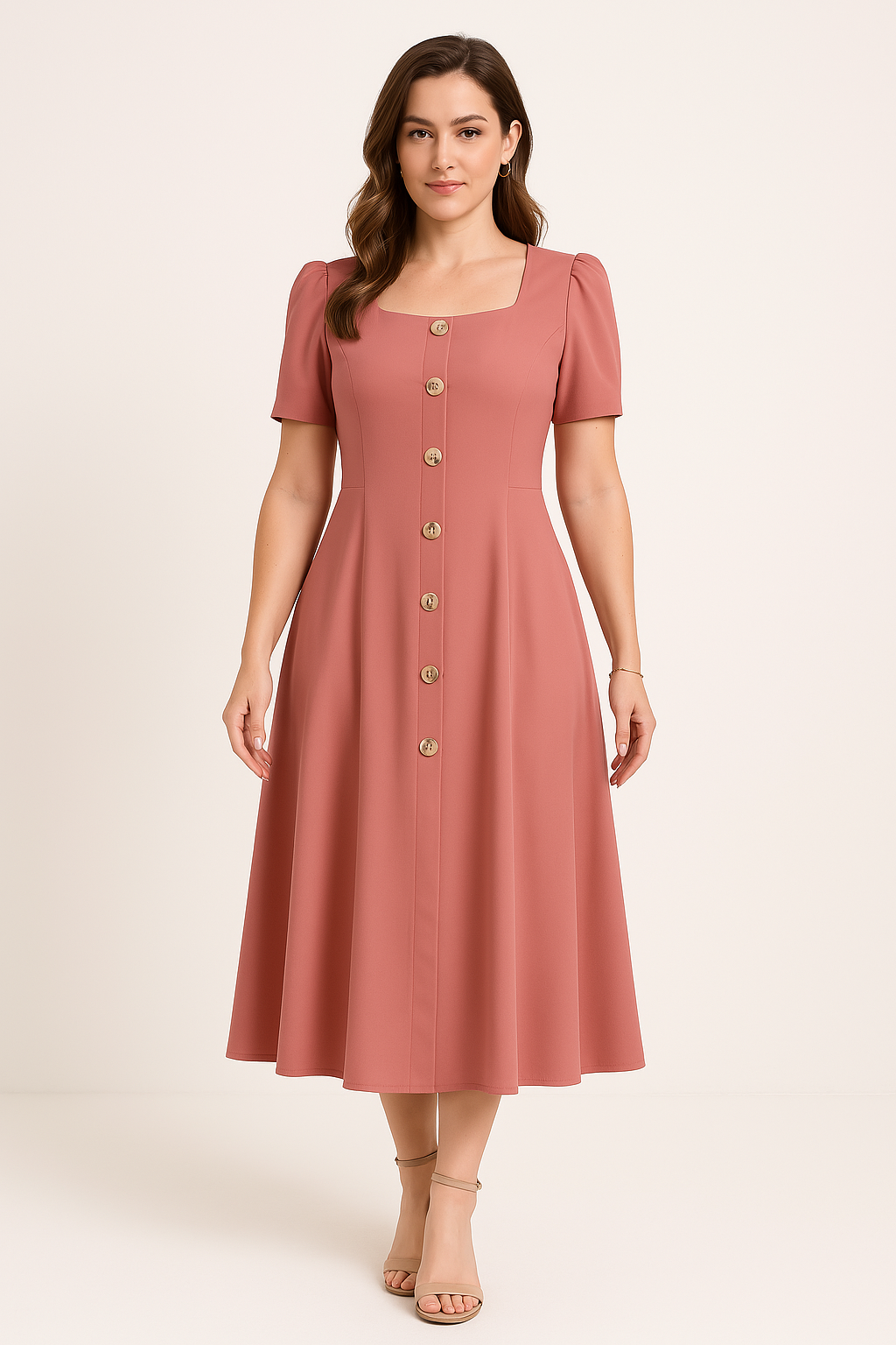 Women's knit midi dress slim fit A-line silhouette with puff sleeves and button closure everyday elegance