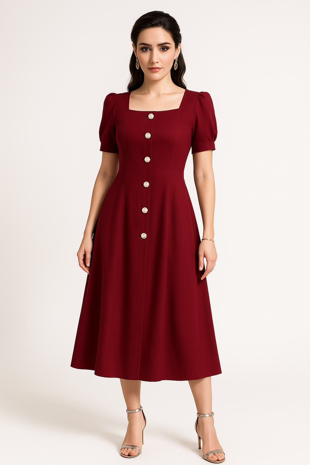 Women's knit midi dress slim fit A-line silhouette with puff sleeves and button closure everyday elegance