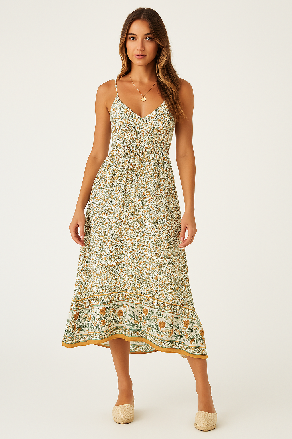 Floral print maxi dress women bohemian V-neck lightweight breathable flowing silhouette