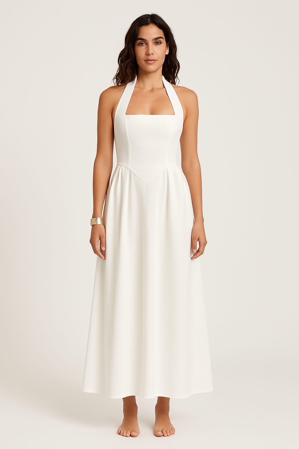 Women's halterneck ruffle maxi dress, backless elegant formal gown in lightweight fabric