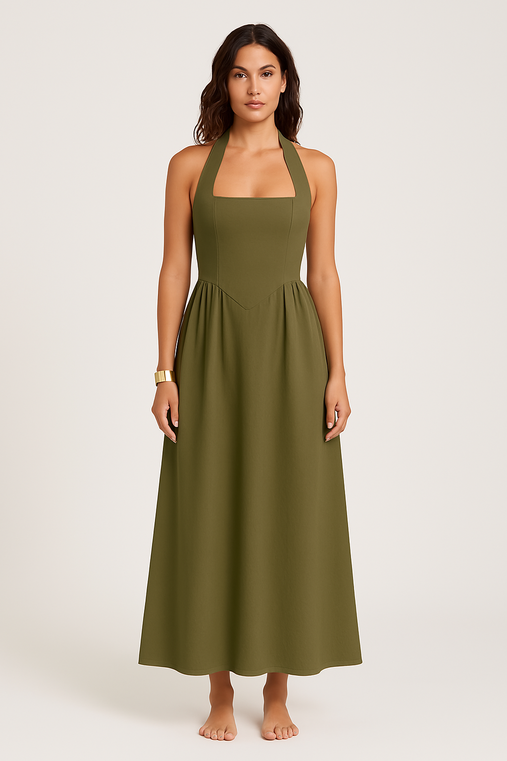 Women's halterneck ruffle maxi dress in lightweight fabric, backless formal elegant silhouette