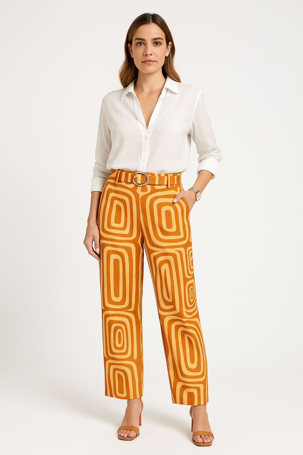 Women's cotton-blend blouse and trousers set loose fit geometric print belted two-piece