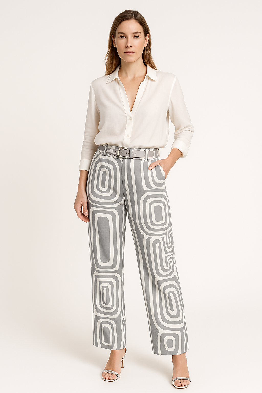Women's cotton-blend blouse and trousers set loose fit geometric print belted two-piece