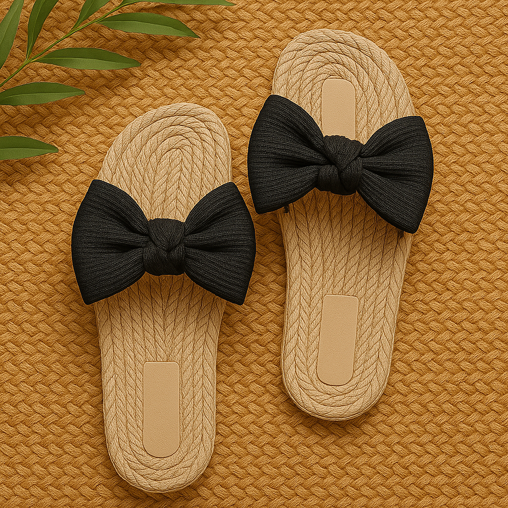 Women's woven bow slide sandal in neutral tones, lightweight slip-on with oversized fabric bow detail