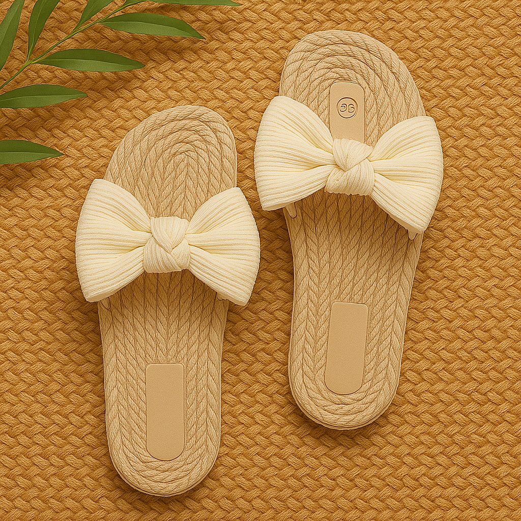 Women's woven bow slide sandal in natural tan, lightweight slip-on with oversized fabric bow detail