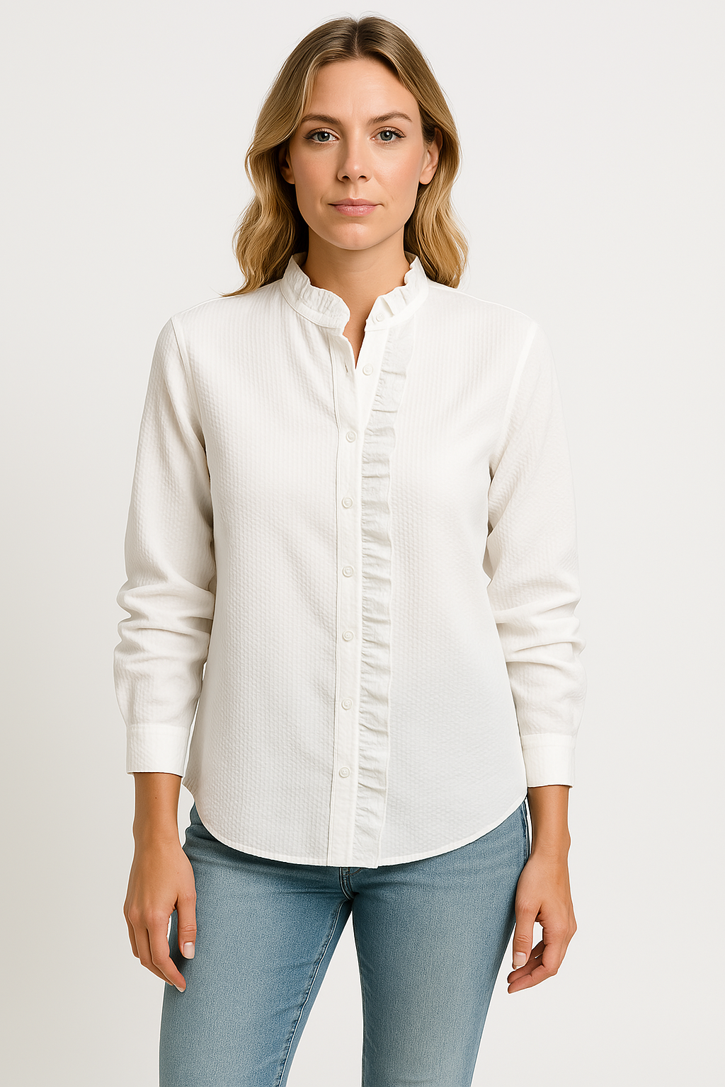 Women's relaxed-fit textured cotton-blend blouse with long sleeves and ruffle edge detail