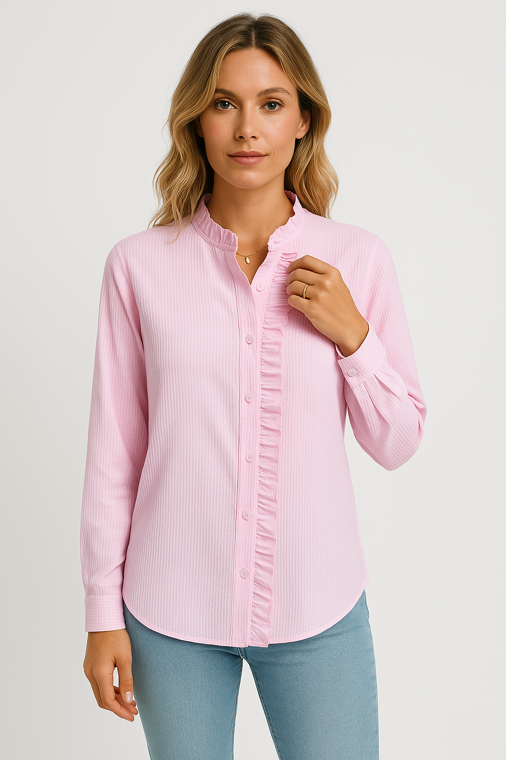 Women's relaxed-fit textured blouse with long sleeves and ruffle edge detail for effortless everyday style