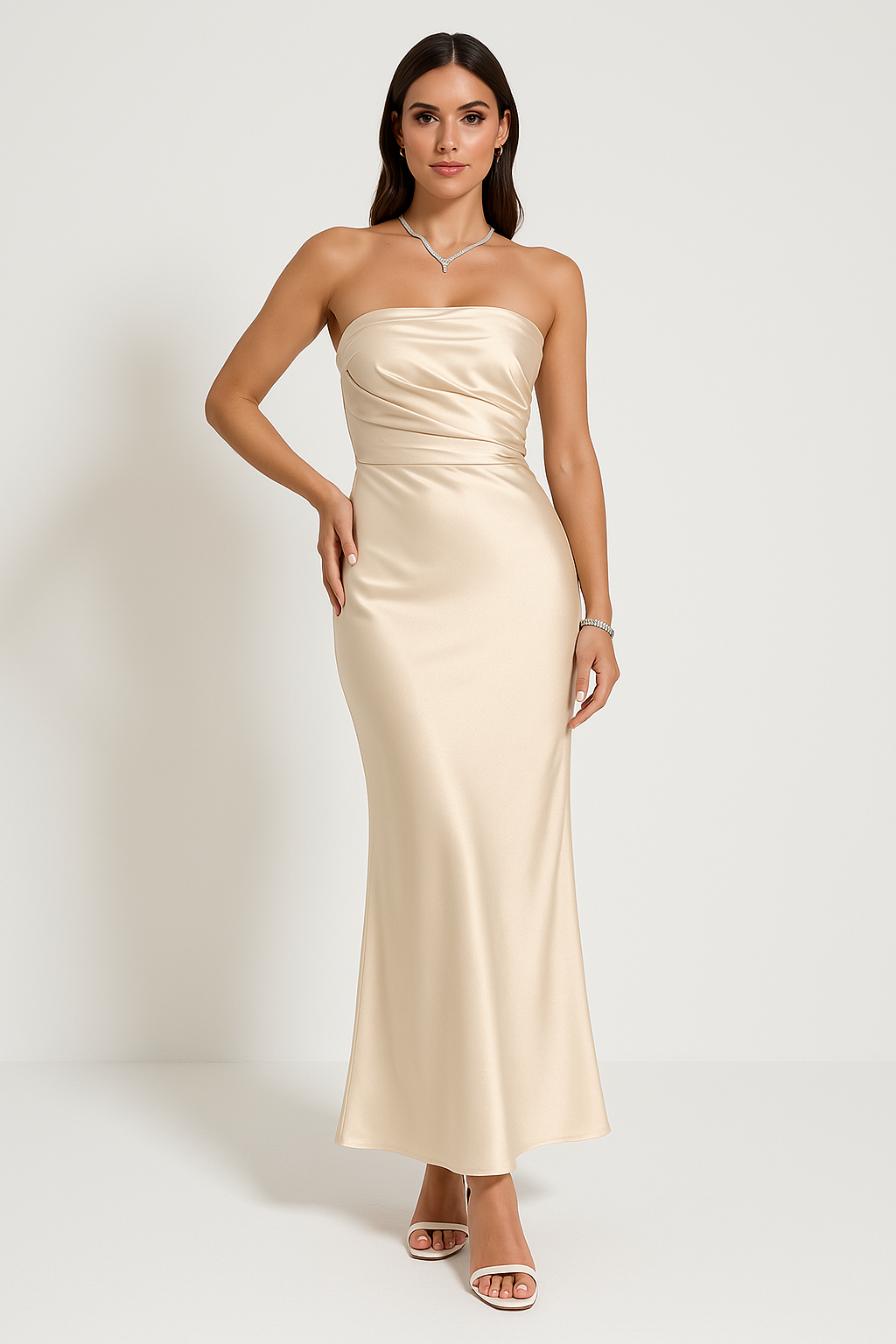 Women's strapless slim-fit satin ruched gown in elegant neutral tone for formal occasions