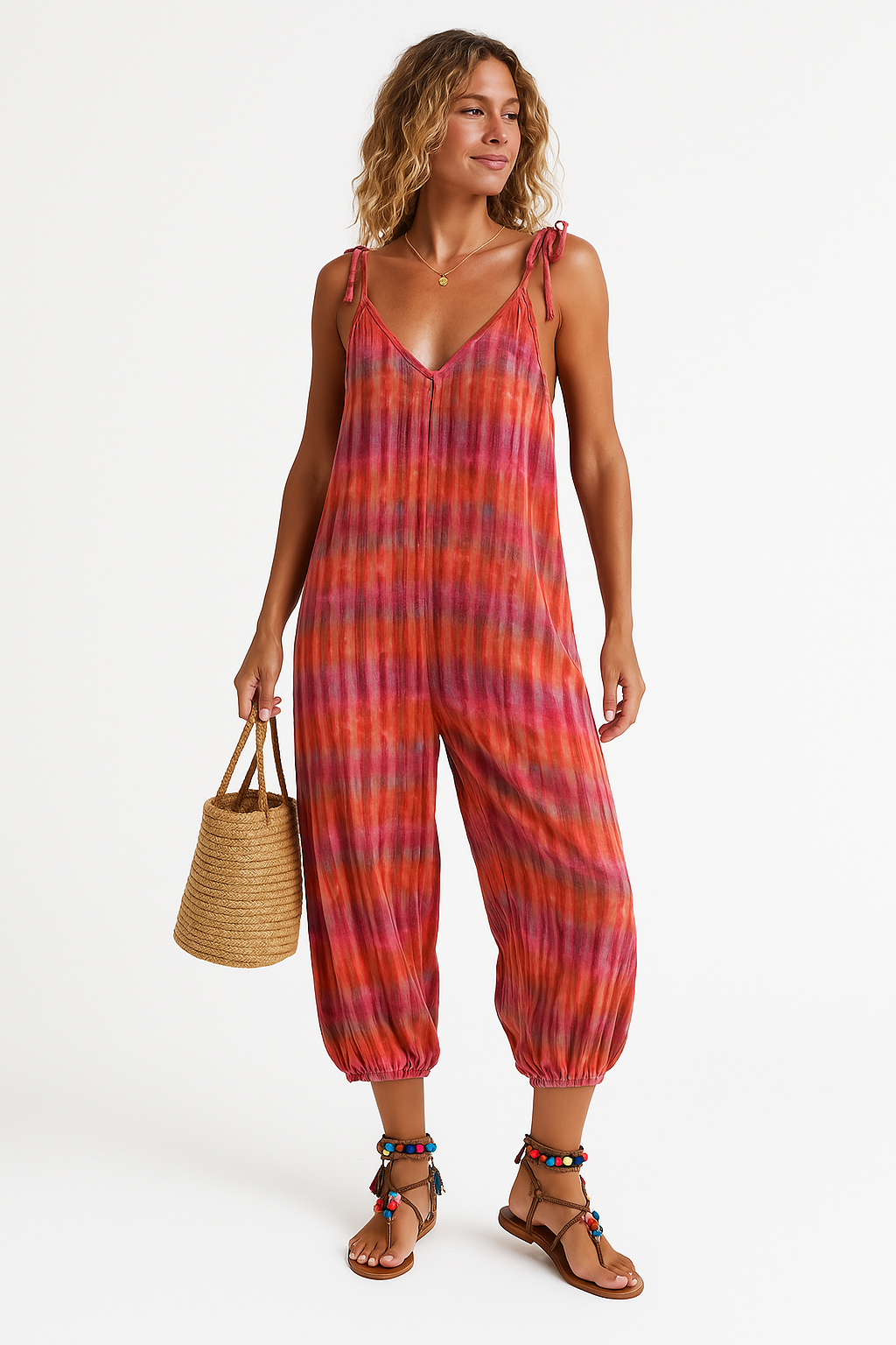 Women's loose fit printed jumpsuit with V-neck, adjustable straps, tie belt, casual summer style