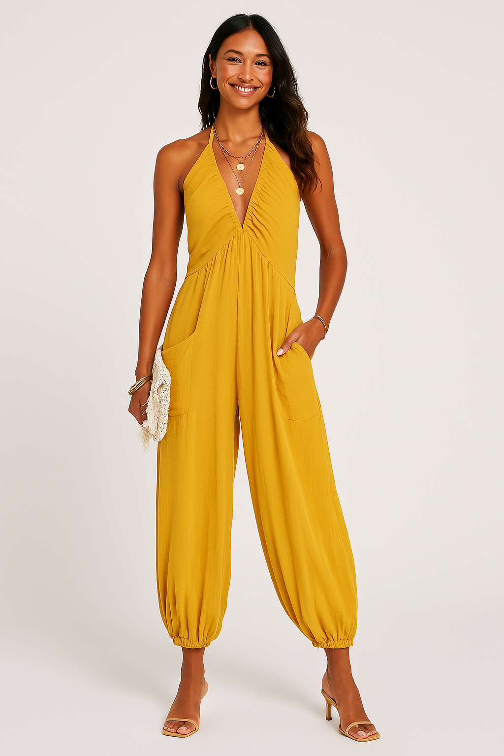 Women's halter neck deep V-neck jumpsuit relaxed fit tapered leg with pockets versatile style