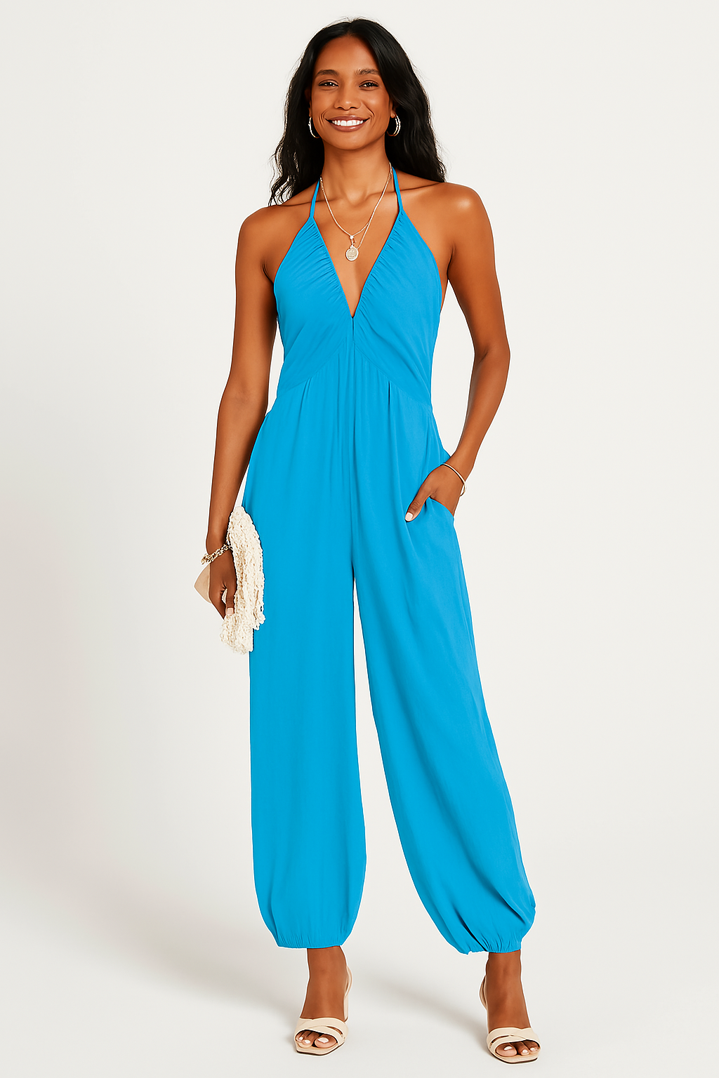 Women's halter neck deep V-neck jumpsuit relaxed fit tapered leg with pockets versatile warm-weather style