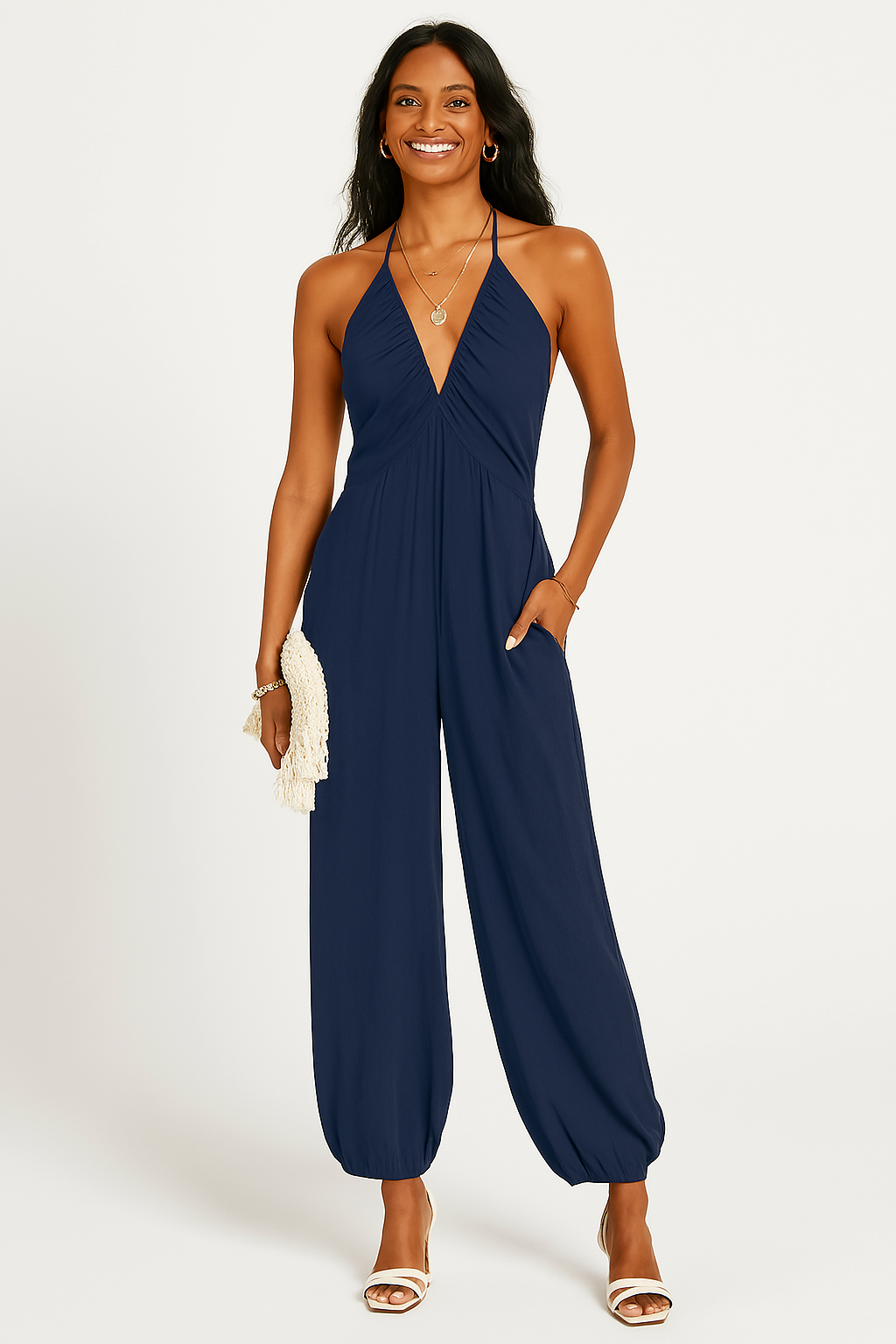 Women's halter neck deep V-neck jumpsuit relaxed fit tapered leg with pockets versatile style