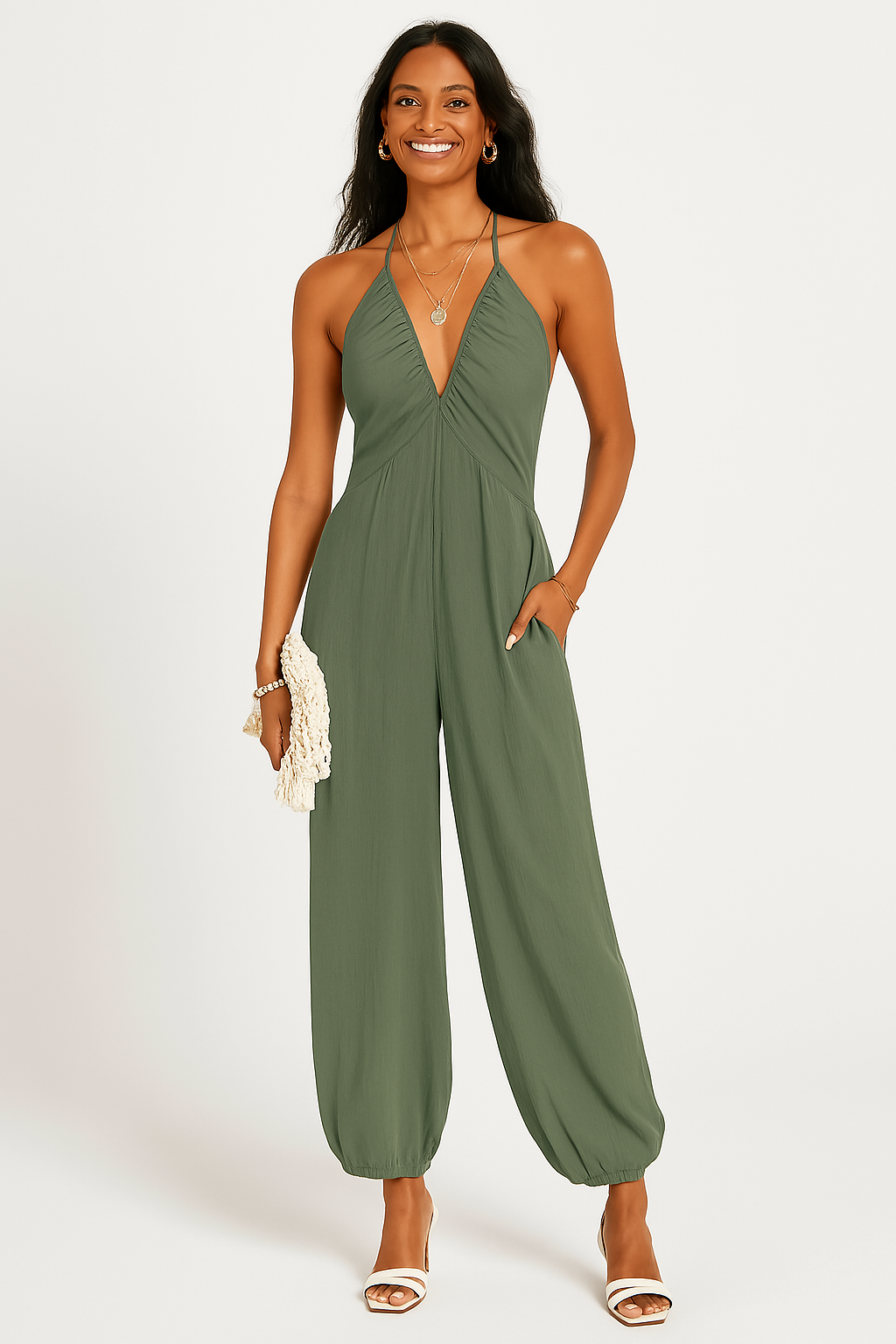Women's halter neck deep V jumpsuit relaxed fit tapered leg with pockets versatile warm-weather style