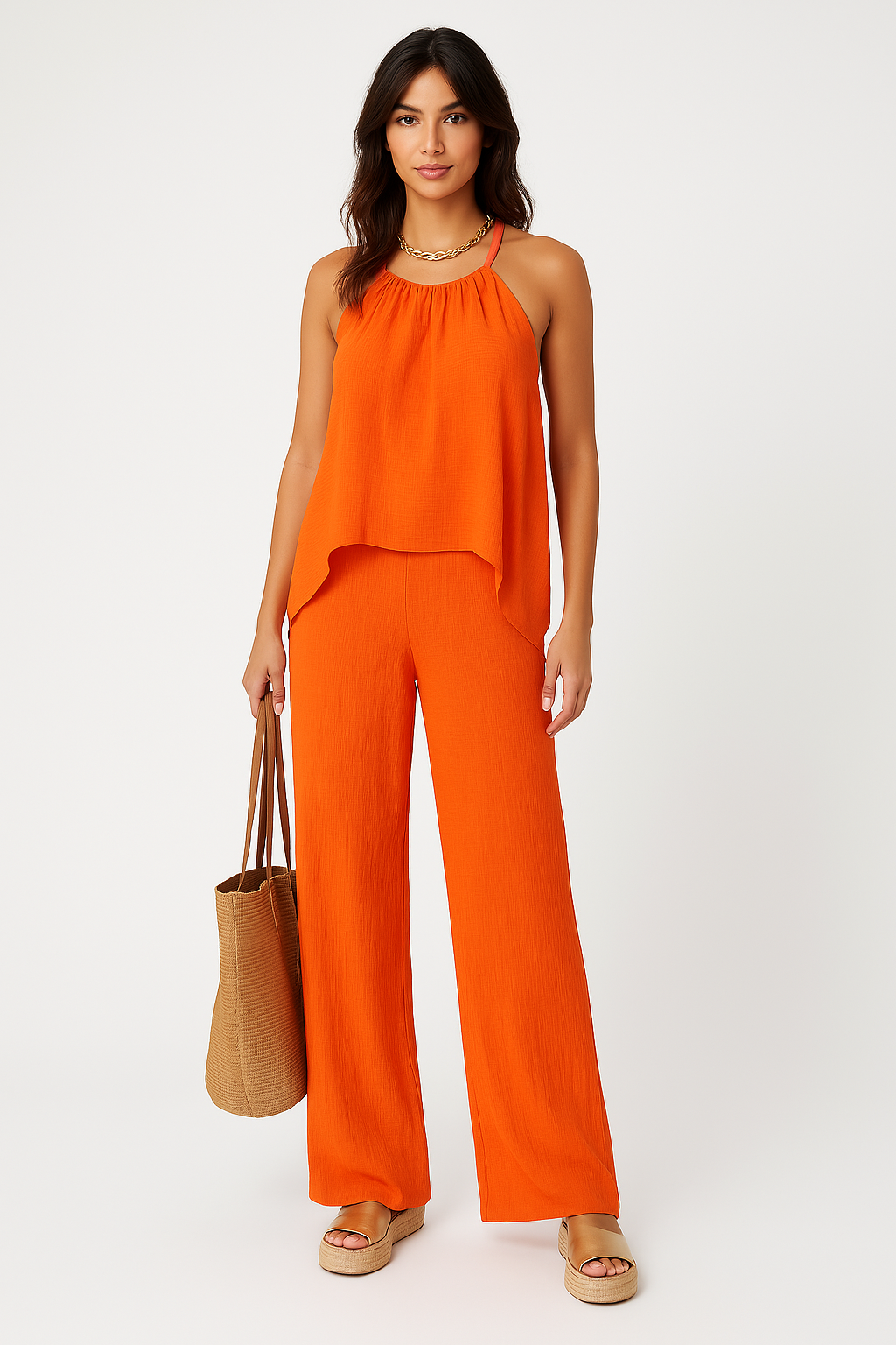 Women's halter neck two-piece set asymmetric draped top high waisted wide leg pants elegant style
