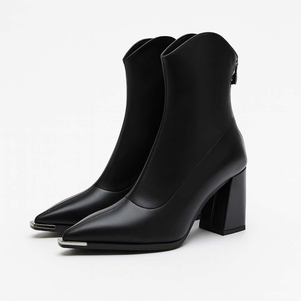 Women's dark faux leather Chelsea ankle boot with sleek chrome toe tip and elastic side panels