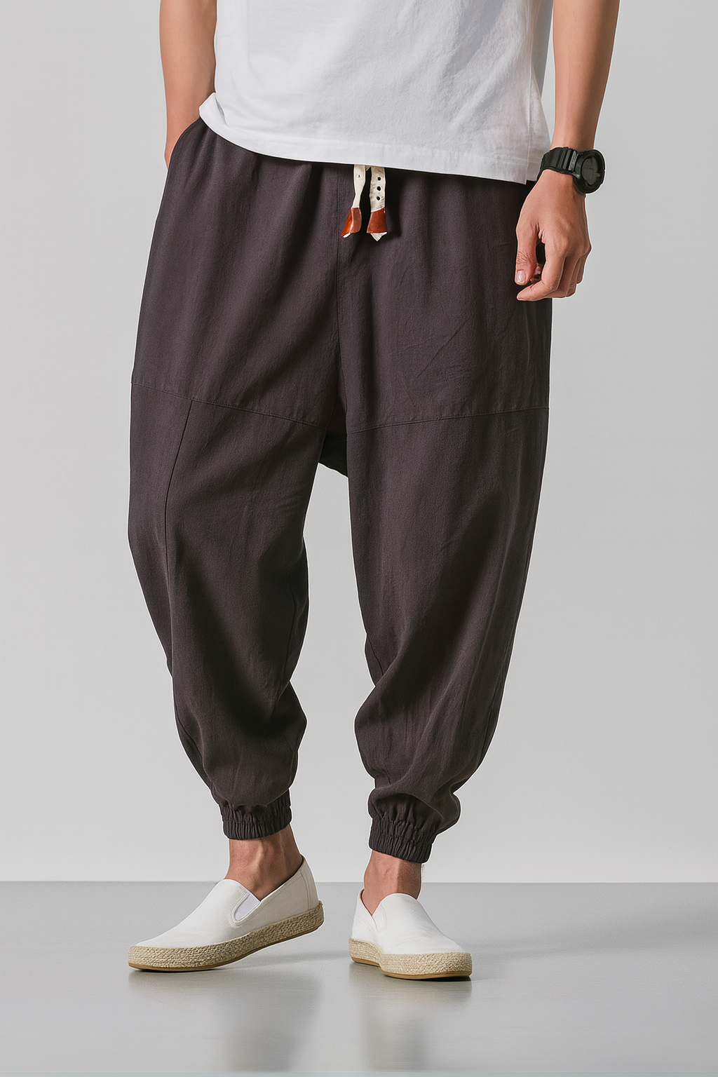 Women's taupe harem pants soft cotton blend relaxed tapered silhouette with ankle cuffs