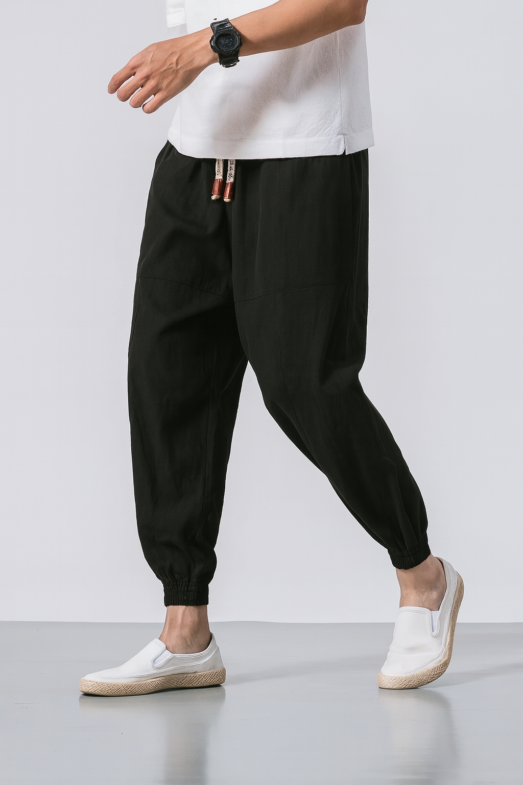 Women's taupe harem pants soft cotton blend relaxed tapered silhouette with ankle cuffs
