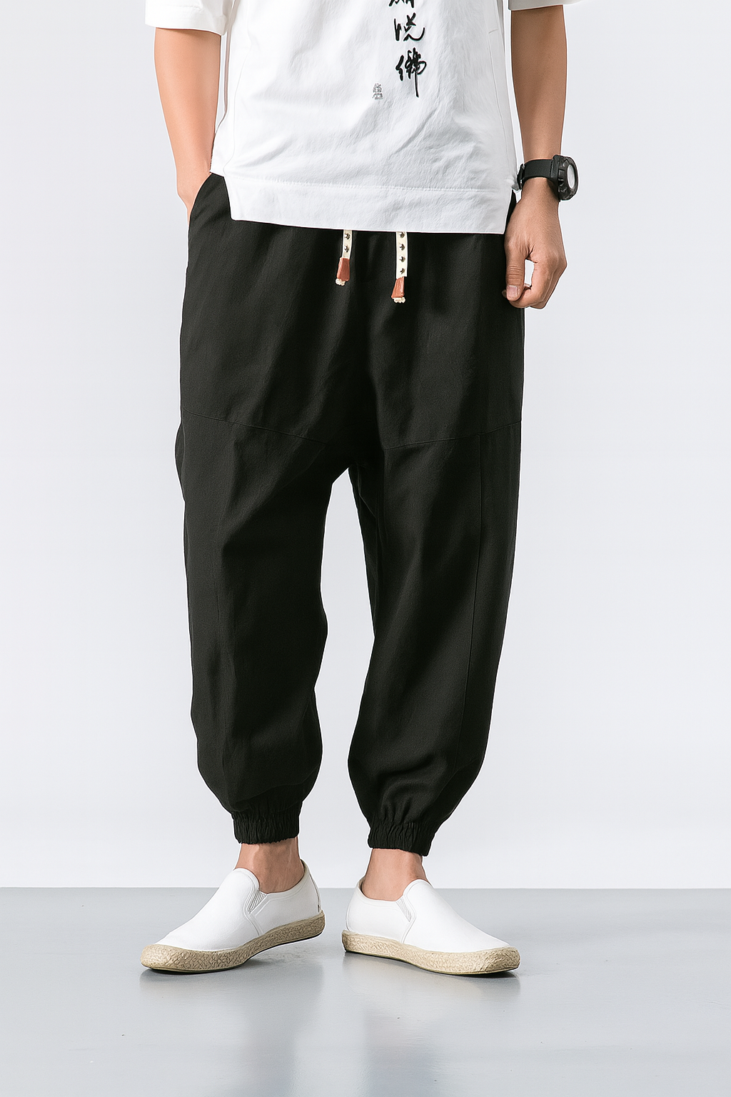 Women's taupe harem pants relaxed fit tapered leg soft cotton blend with ankle cuffs everyday wear