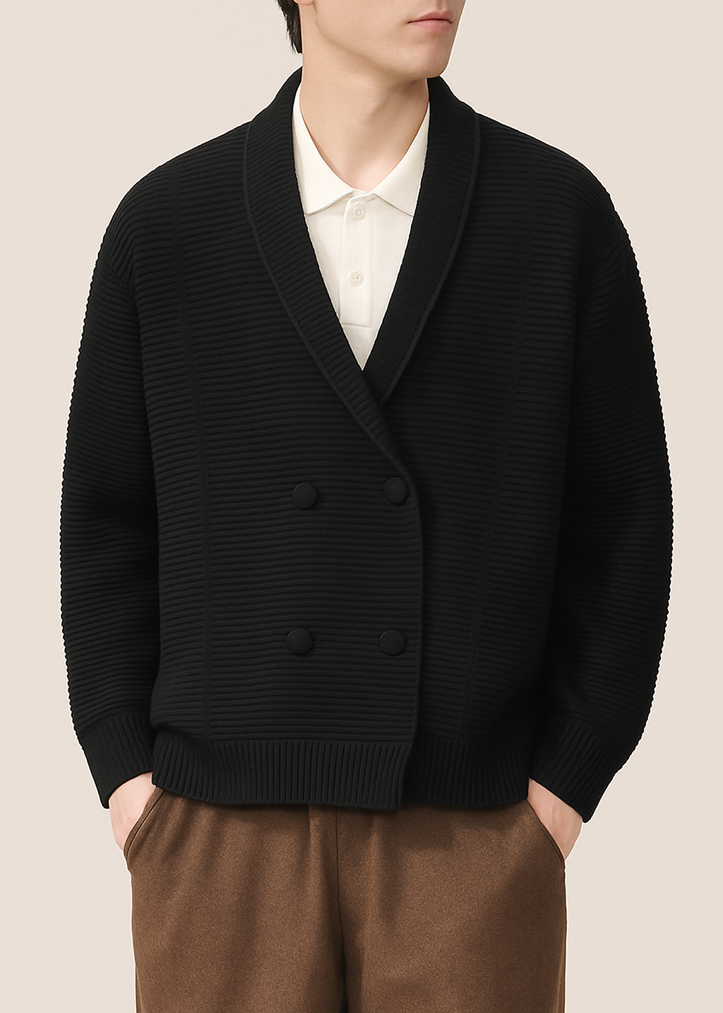 Rowan double-breasted cardigan ribbed knit relaxed coat-inspired silhouette fall layer