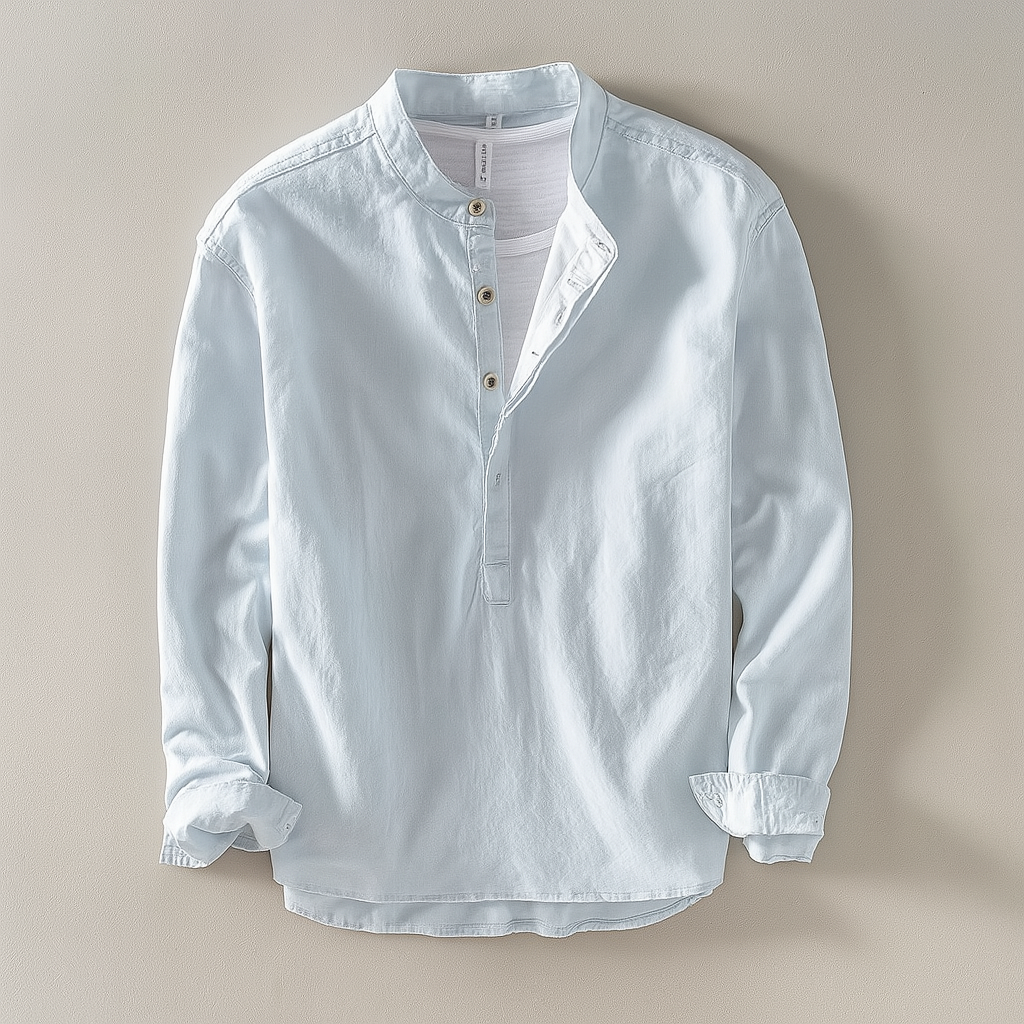 Kairo relaxed collarless shirt beige cotton-linen blend textured weave minimalist everyday style