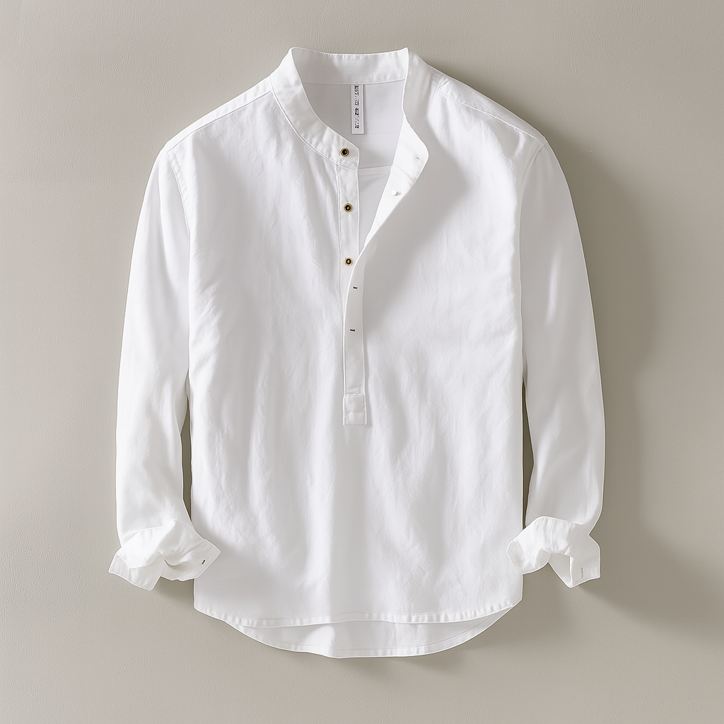 Relaxed collarless shirt in neutral cotton-linen blend with lightweight textured weave minimalist style