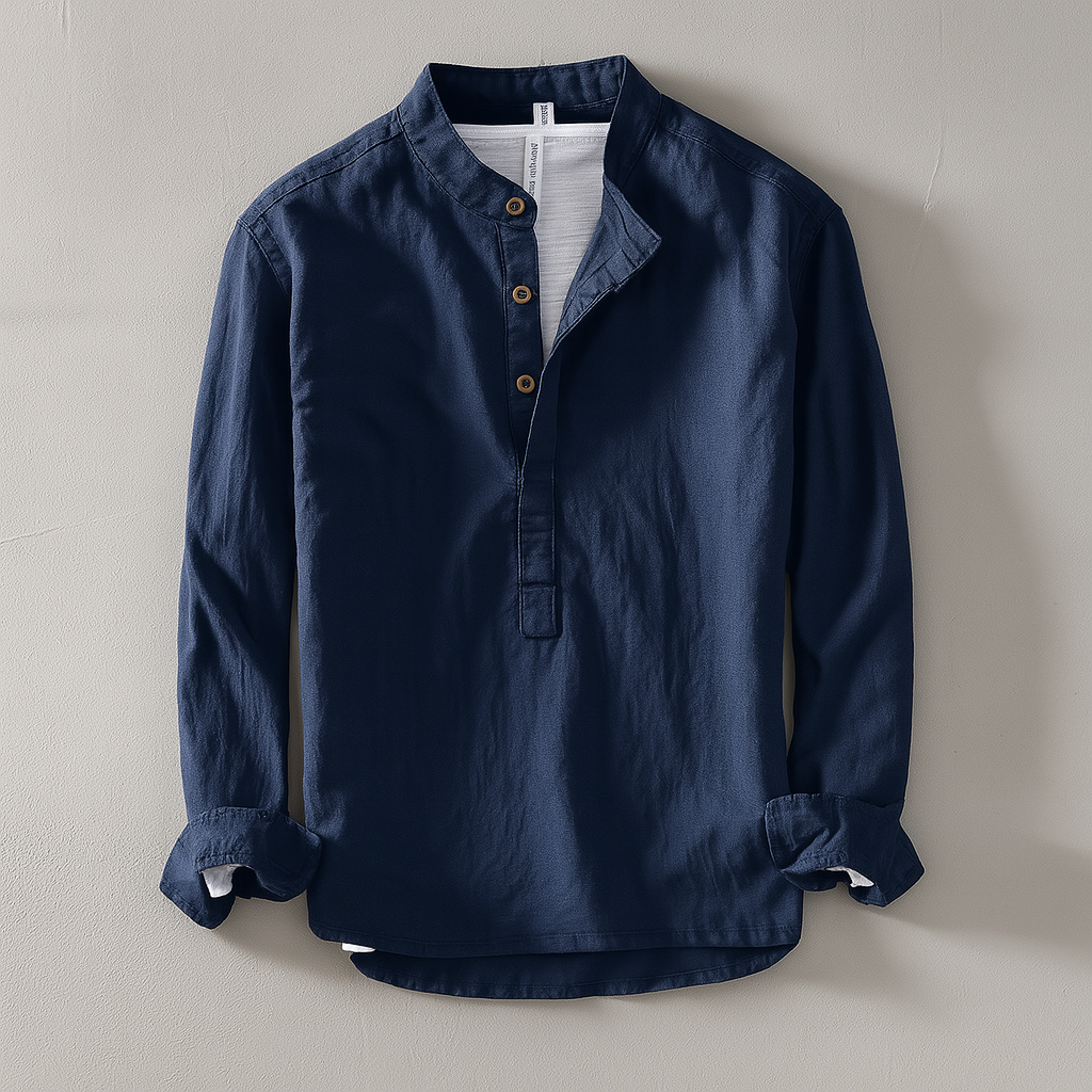 Relaxed collarless shirt in neutral linen-cotton blend with textured weave and minimalist Japanese-inspired cut