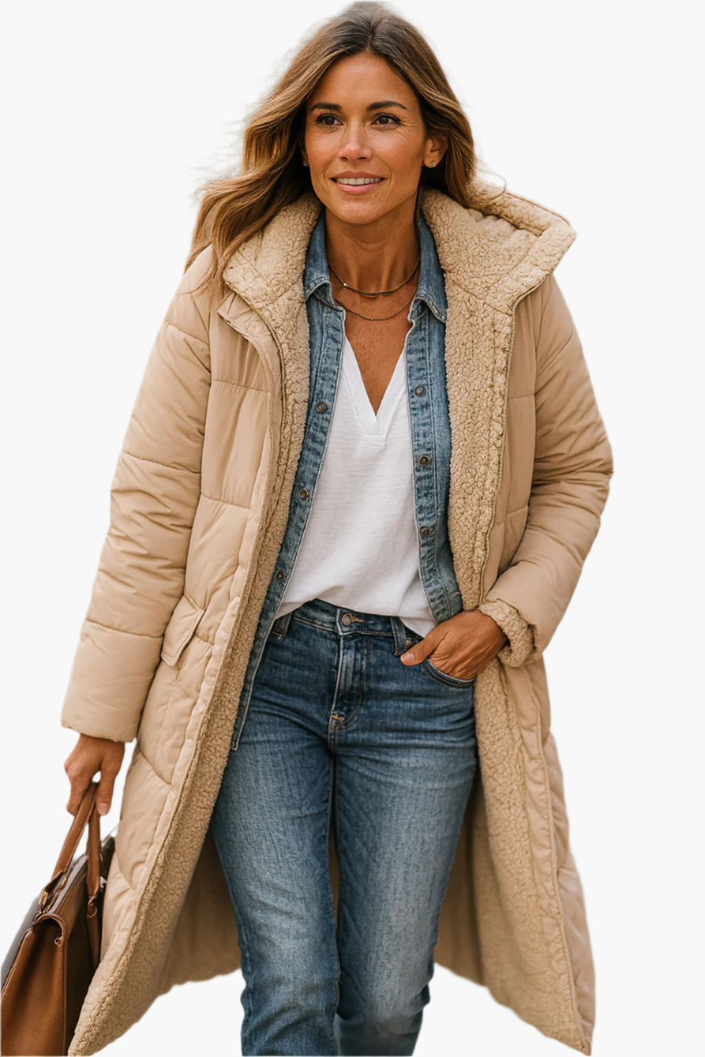 Women's long black puffer coat with hood, fleece-lined winter style for ultimate warmth