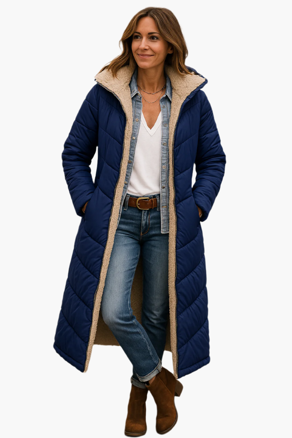 Women's long black puffer coat with hood, fleece-lined full-coverage winter silhouette