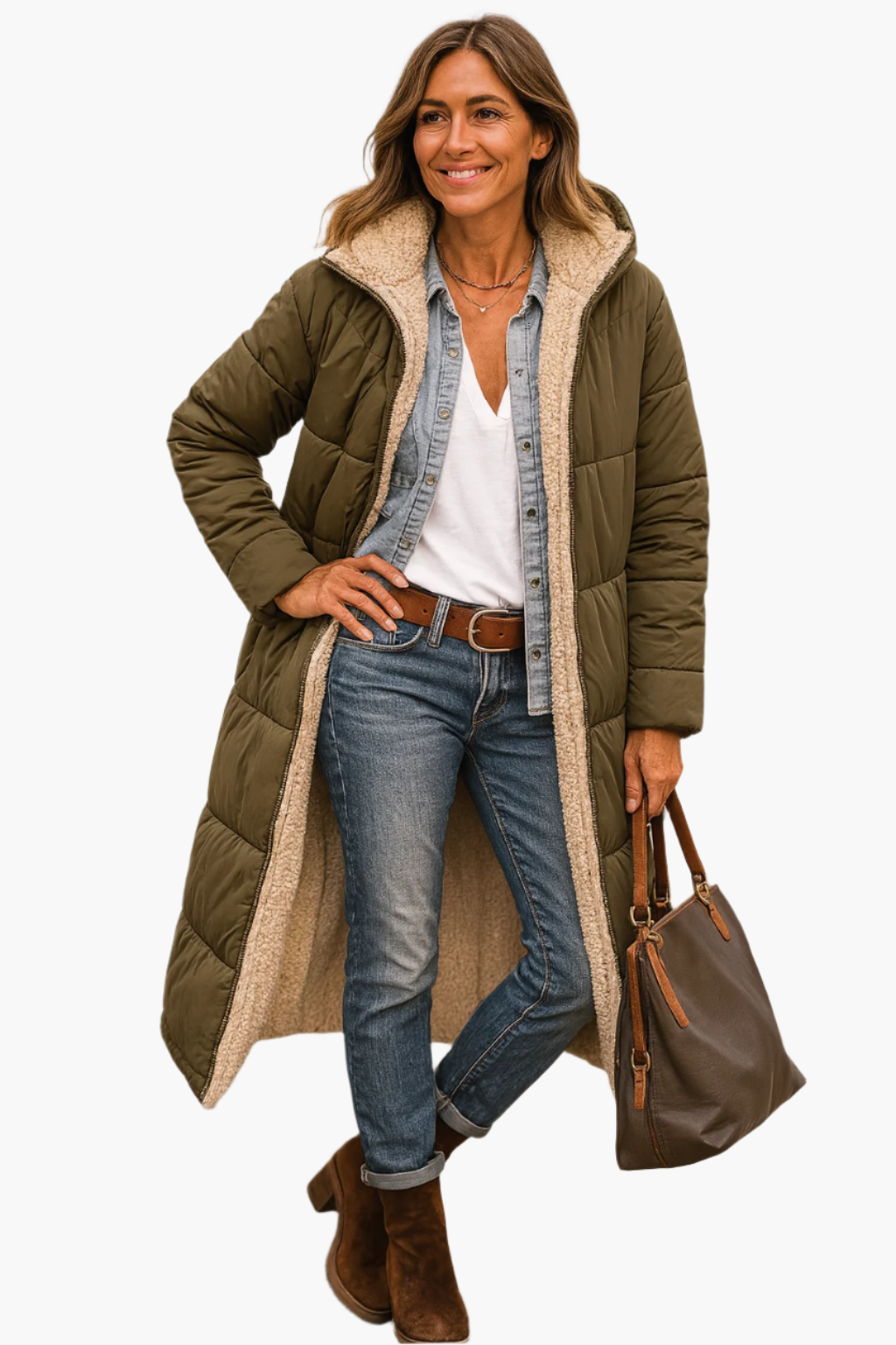 Women's long black puffer coat with hood, fleece-lined winter outerwear for ultimate warmth