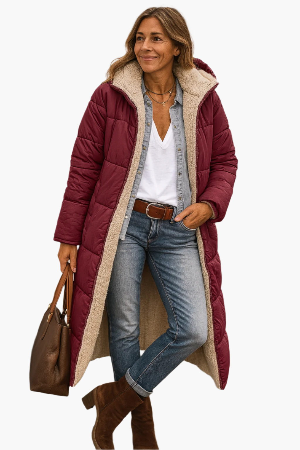 Women's long black puffer coat with hood, warm fleece-lined winter outerwear for ultimate cold-weather style