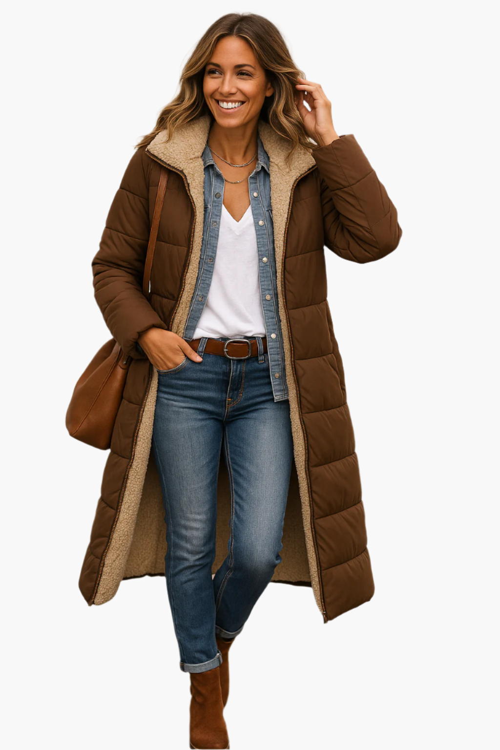 Women's long black puffer coat with hood, fleece-lined for full-coverage winter warmth
