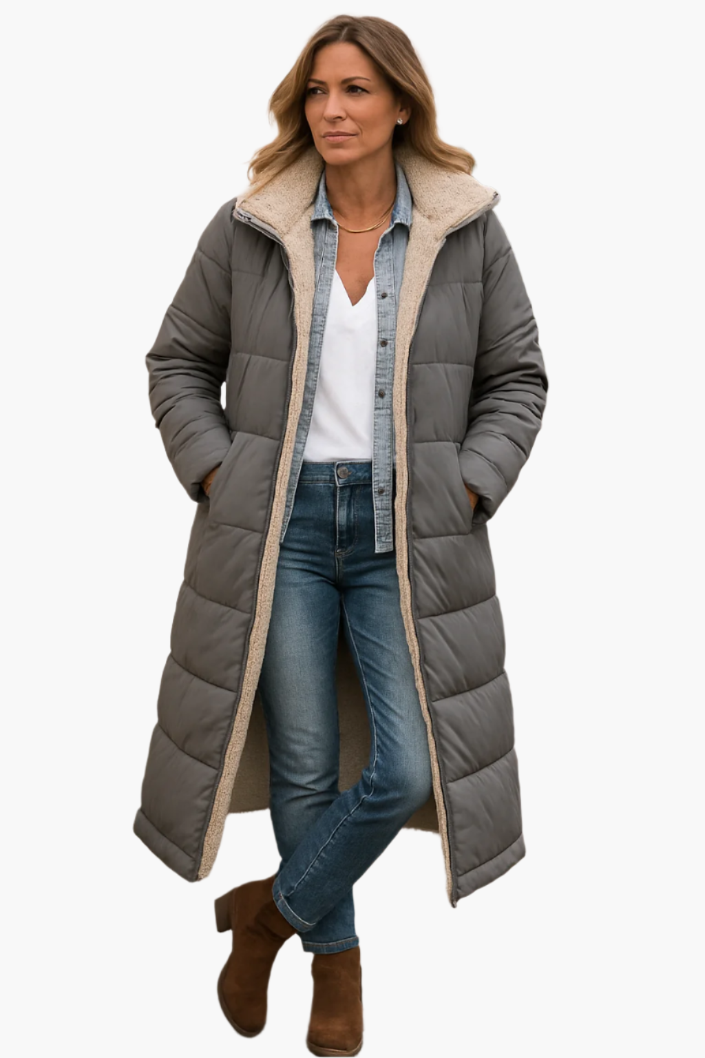 Women's long black puffer coat with hood, fleece-lined for ultimate winter warmth and coverage