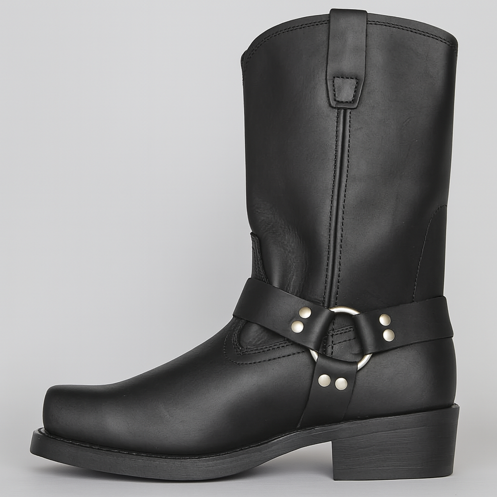 Women's brown leather cowboy boots with Western buckle detail, rugged winter-ready style
